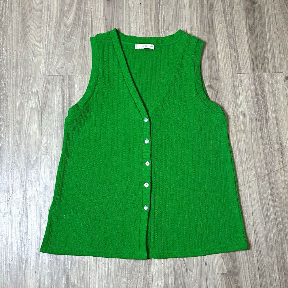 Mango Women's Green Cotton Knit V-Neck Button Top Size M